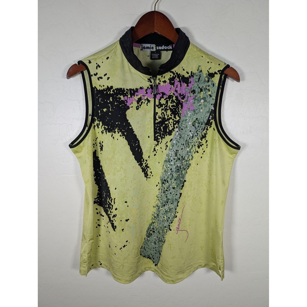 Jamie‎ Sadock Shirt Womens Large Green Abstract Print Sleeveless 1/4 Zip Golf